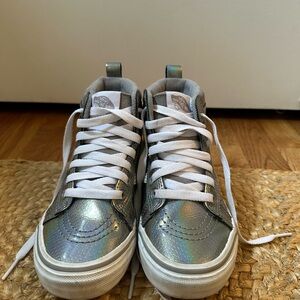 Vans Silver Shiny Kids Hightop Sneakers, Size 1.5